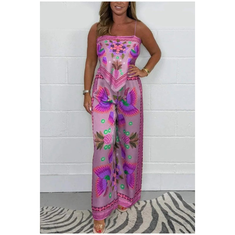 🔥New Arrival 60% OFF⚡50K+ SOLD!💝Spaghetti Strap Printed Top & Loose Women's Pants 2-Piece Set