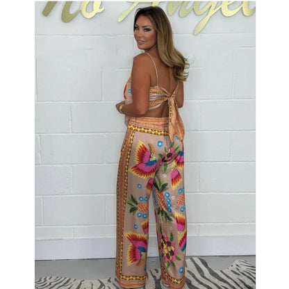 🔥New Arrival 60% OFF⚡50K+ SOLD!💝Spaghetti Strap Printed Top & Loose Women's Pants 2-Piece Set