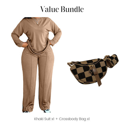 Women's Long Sleeve Top & Wide-Leg Pants 2-Piece Set