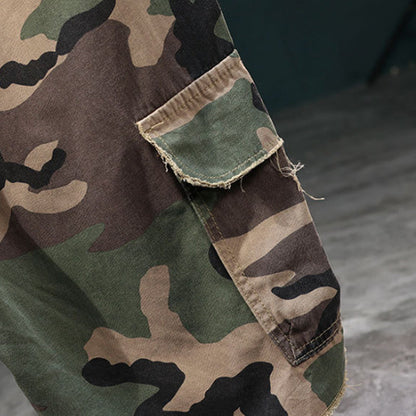 💎 Men's Studded Camo Cargo Shorts – Ripped Design, Gold Stud Accents & Multi-Pocket Utility