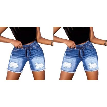 Women's Drawstring Elastic Waist Ripped Denim Shorts